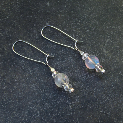 Moonstone Gemstone, Quartz, and Sterling Silver Earrings