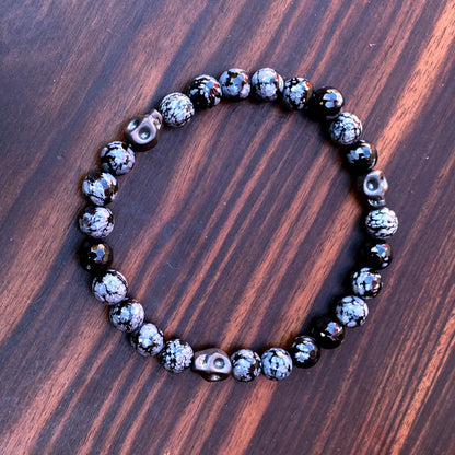 Snowflake Obsidian and Hematite Skull Bracelet