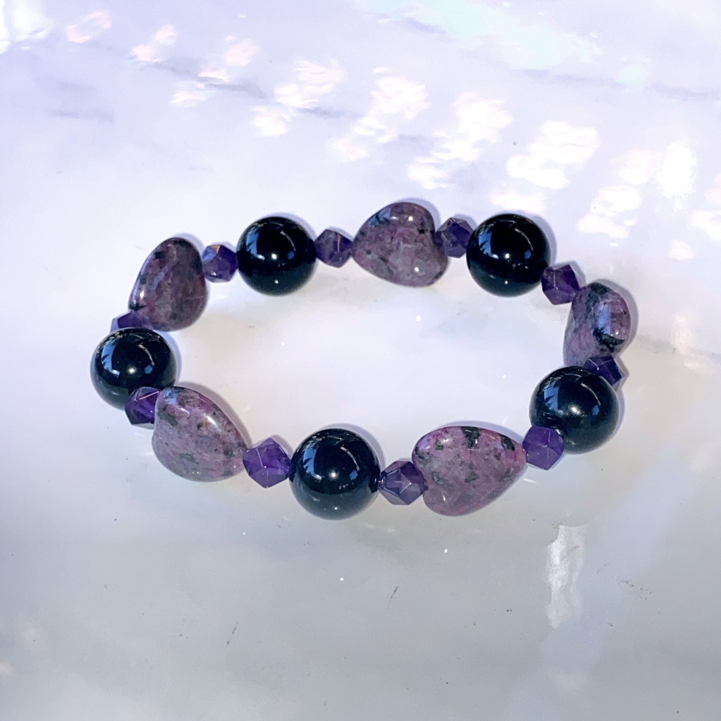 Ruby Zoisite, Amethyst gemstone, and Onyx Bracelet