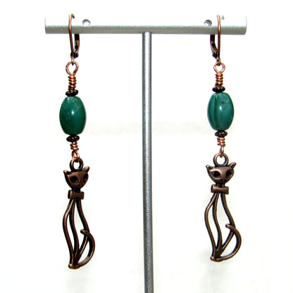 Green Agate gemstone and Copper Kitty Cat Drop Earrings