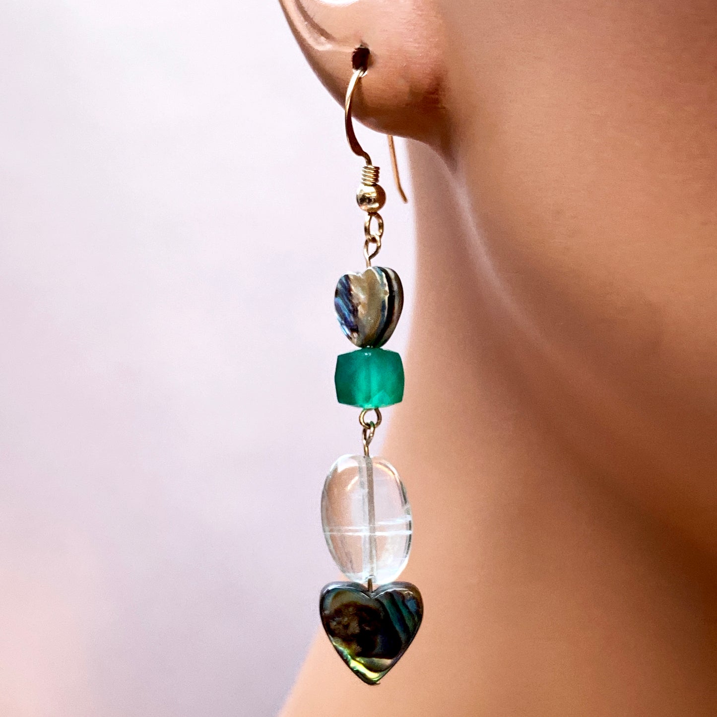 Abalone shell Heart, Green Onyx gemstone, and Green Amethyst drop earrings