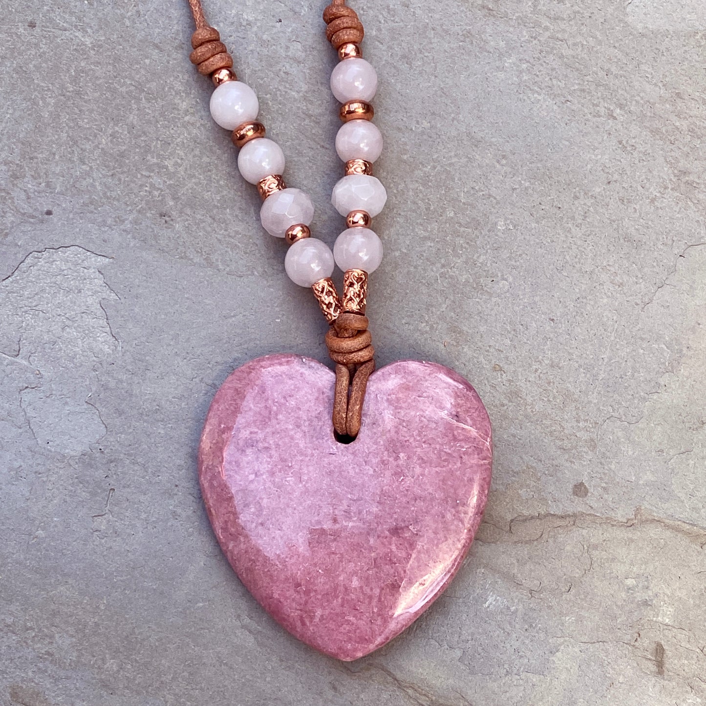 Rhodonite gemstone Heart with Rose Quartz and Copper Leather necklace