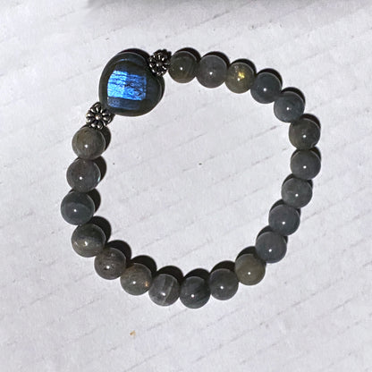 Labradorite gemstone and sterling silver beaded crystal stretch bracelet