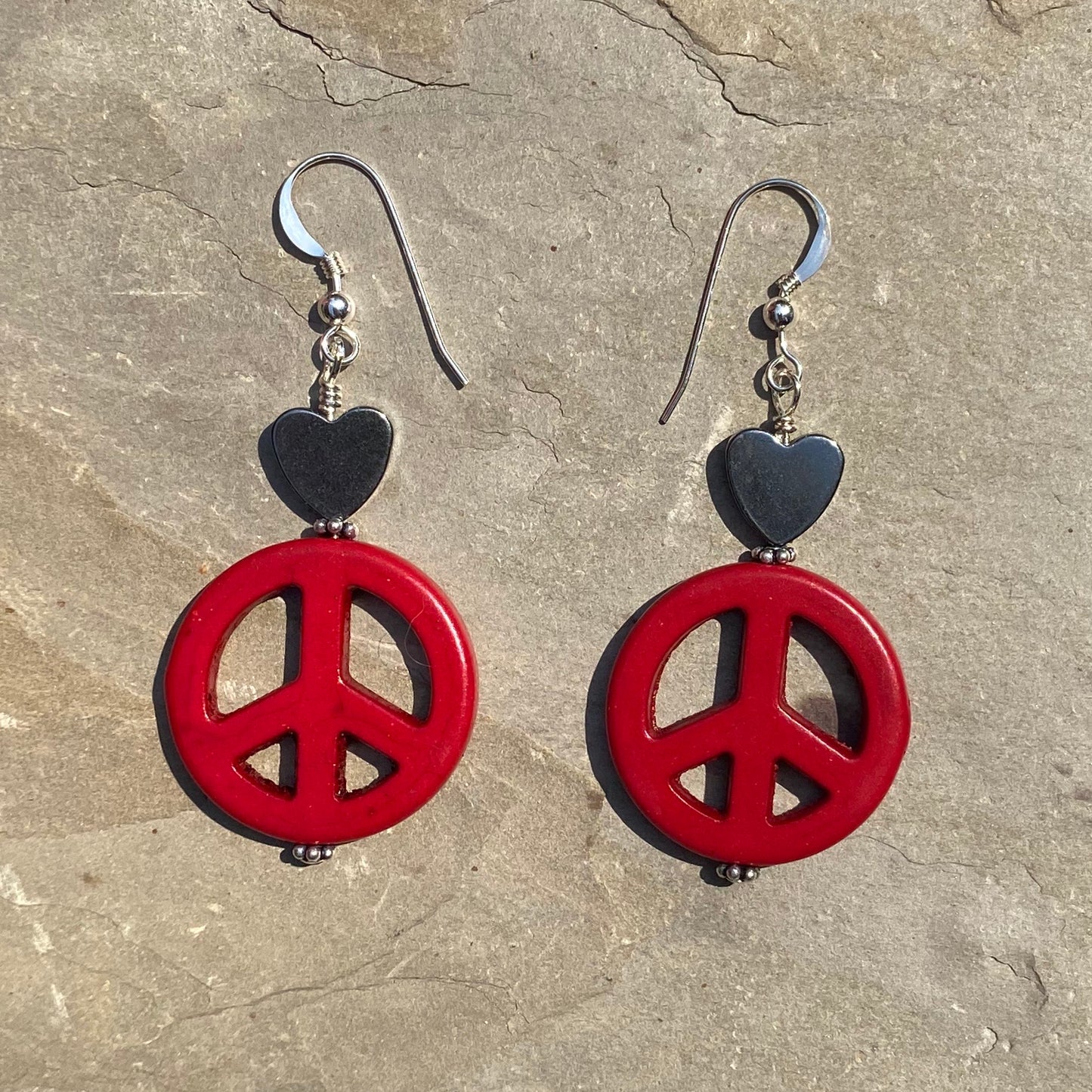 Howlite Peace Sign w/ Hematite Heart Drop Earrings in Choice of colors