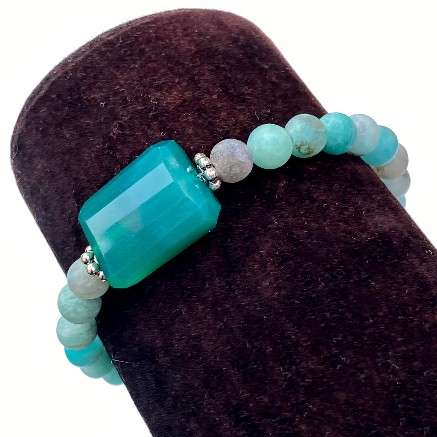 Green onyx, Amazonite Gemstone, Natural Turquoise, and Sterling Silver Stretch Bracelet