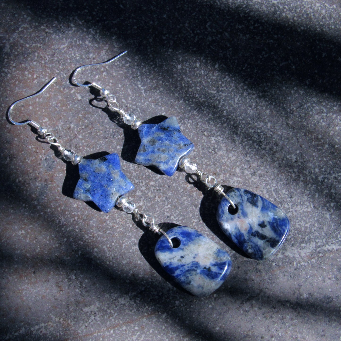 Sodalite Gemstone Star, White Topaz and Sterling Silver Drop Earrings