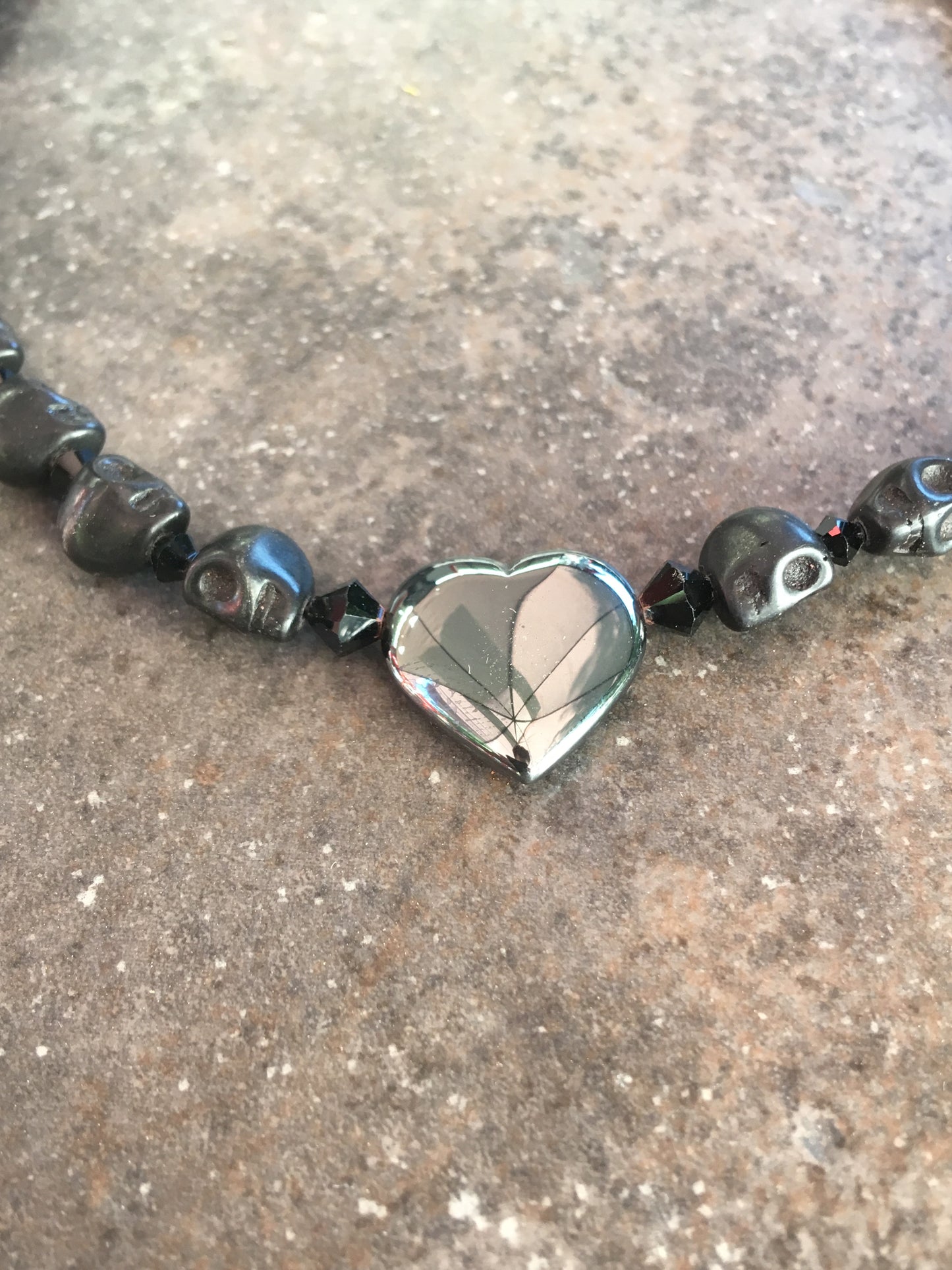 Black Skull & Crystal with Hematite gemstone heart Necklace