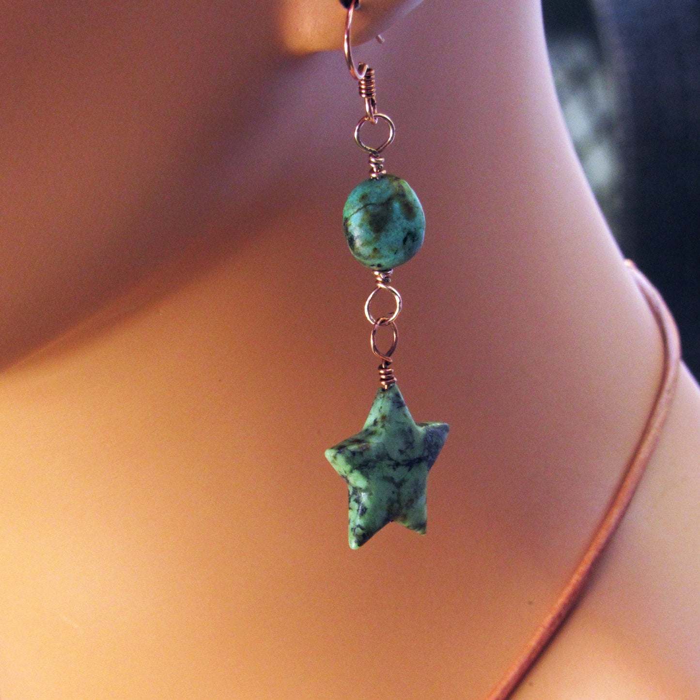 African Turquoise gemstone stars hand wrapped on Copper Drop Earrings