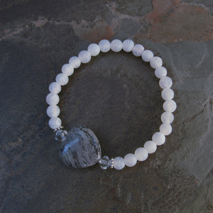 Frosted White Agate Gemstones, Chinese Crazy Lace Agate Heart, and Clear Quartz bracelet