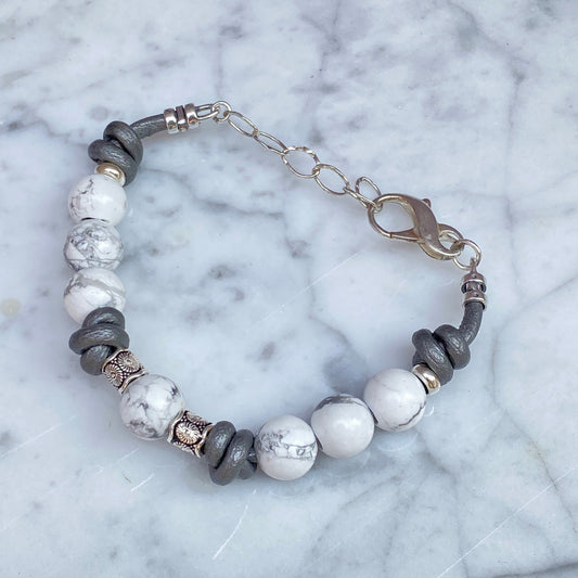 Women’s Howlite gemstone and Sterling Silver Bracelet on Leather