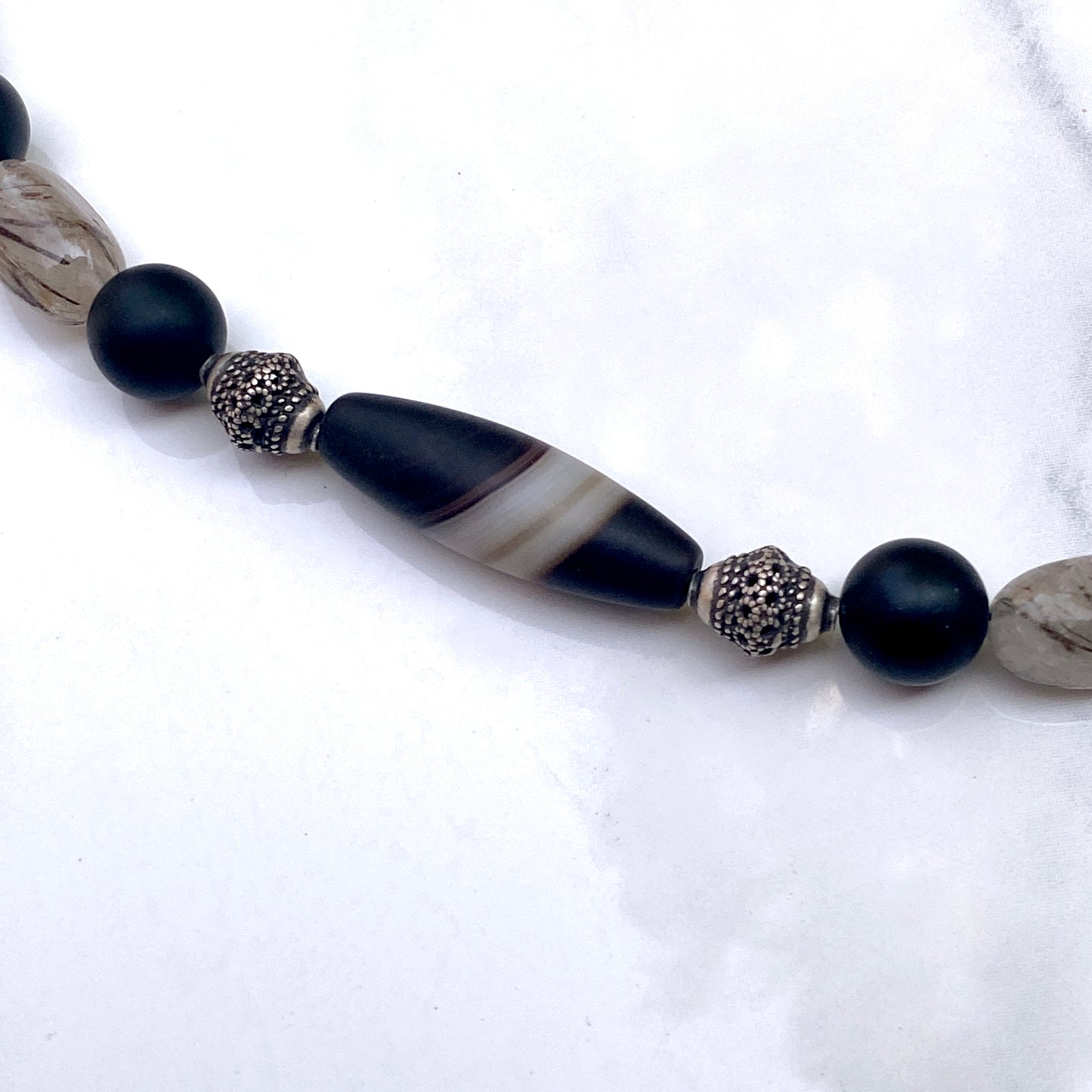 Tibetan Agate, Sterling Silver, Onyx, and Rutilated Quartz,