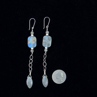 Labradorite Gemstone and Sterling Silver Long Drop earrings