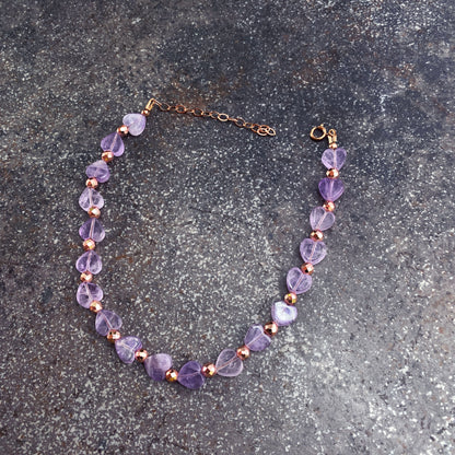 Amethyst gemstone Heart and Rose Hematite anklet w/ 14 kt gf Clasp and Chain