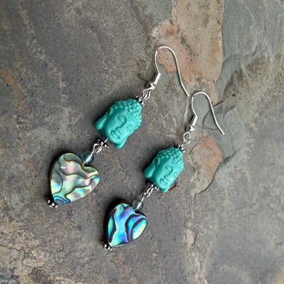 Coral Buddha Heads Abalone Heart sterling silver earrings