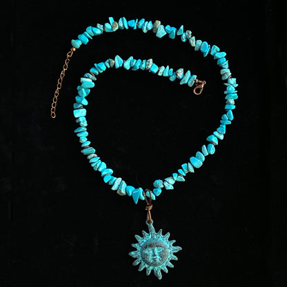 Natural Turquoise gemstone  and copper Sun pendant beaded necklace