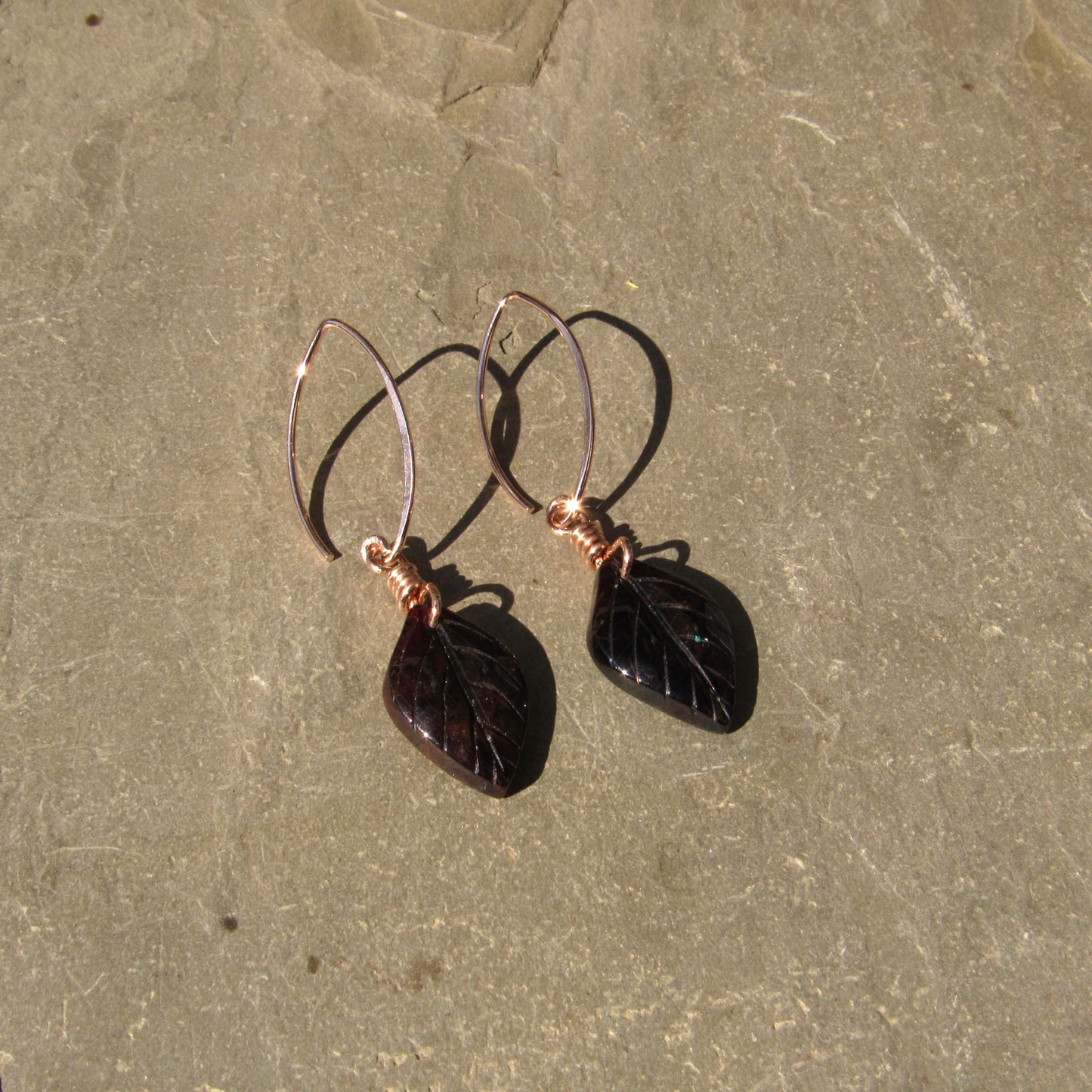 Genuine Garnet Leaf Carved Earrings Hand Wrapped with Silver Vermeil Wire