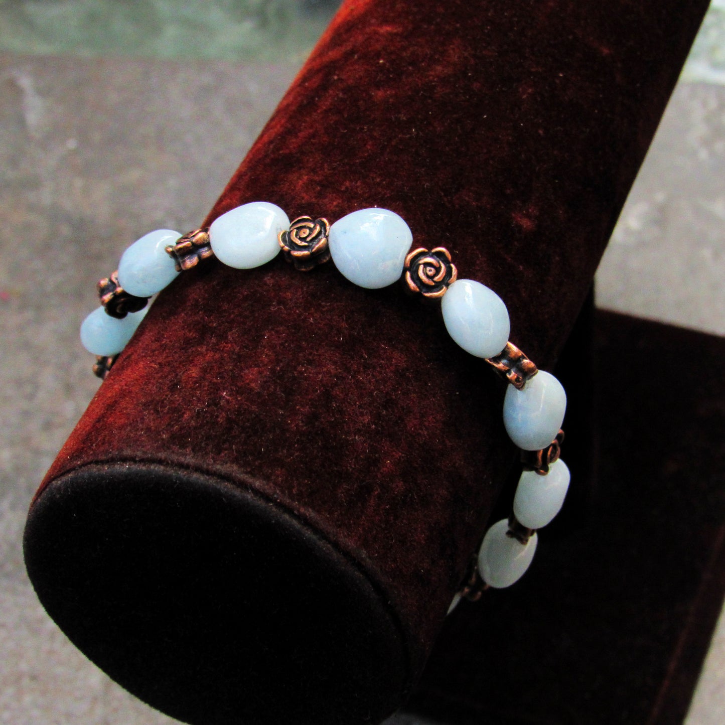 Aquamarine gemstone Heart and Copper Rose Stretch bracelet