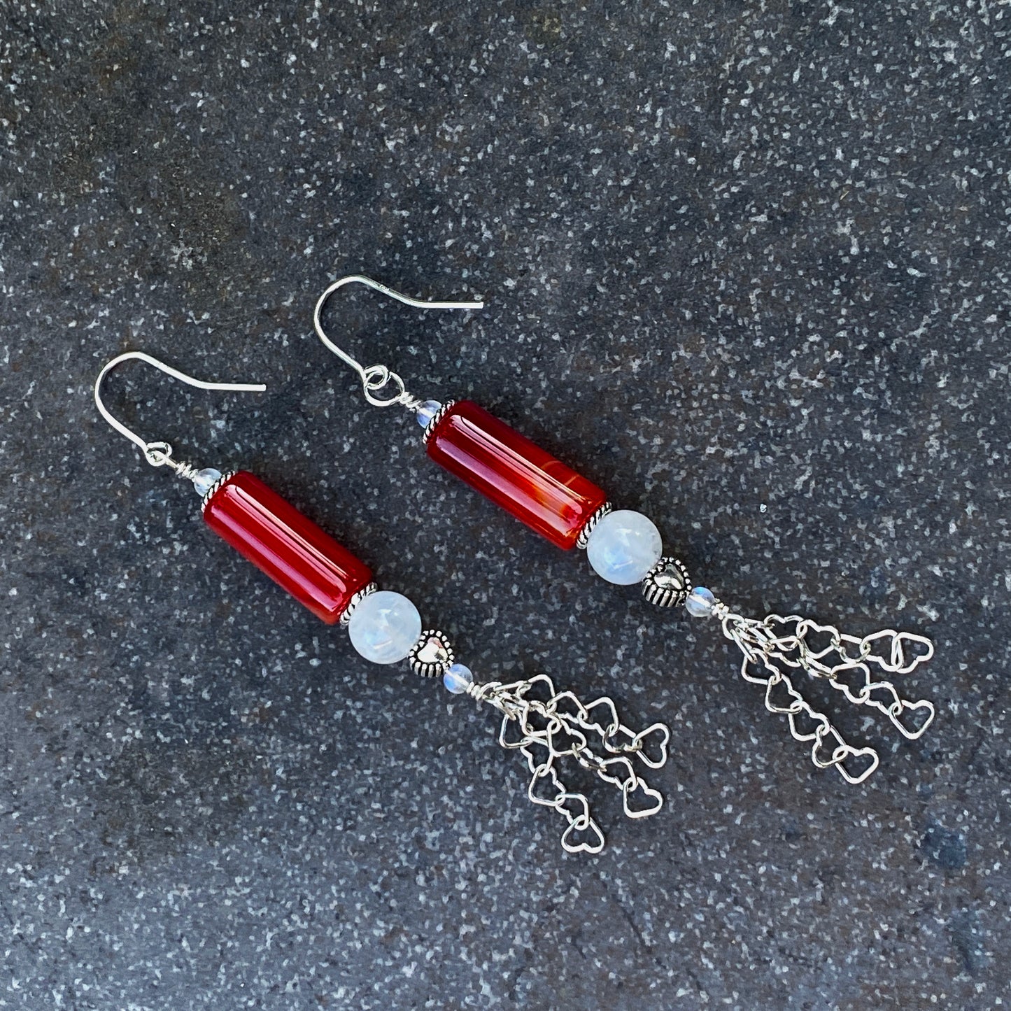 Red Agate Gemstone, Moonstones, Sterling Silver Drop Earrings