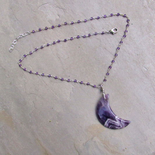 Amethyst Moon on sterling silver wrapped amethyst chain necklace