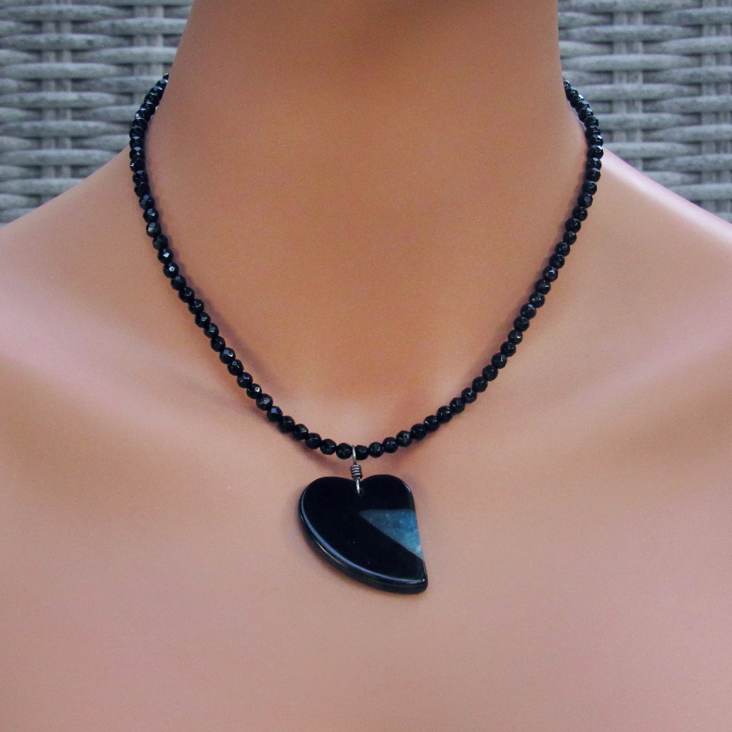 Druzy Agate gemstone Heart on Onyx Necklace