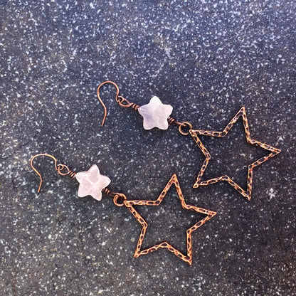 Rose Quartz gemstone Star and Copper Dangle Earrings