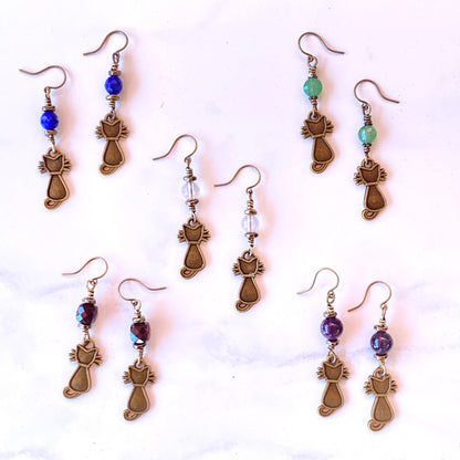 Hello Cat gemstone and brass Earrings