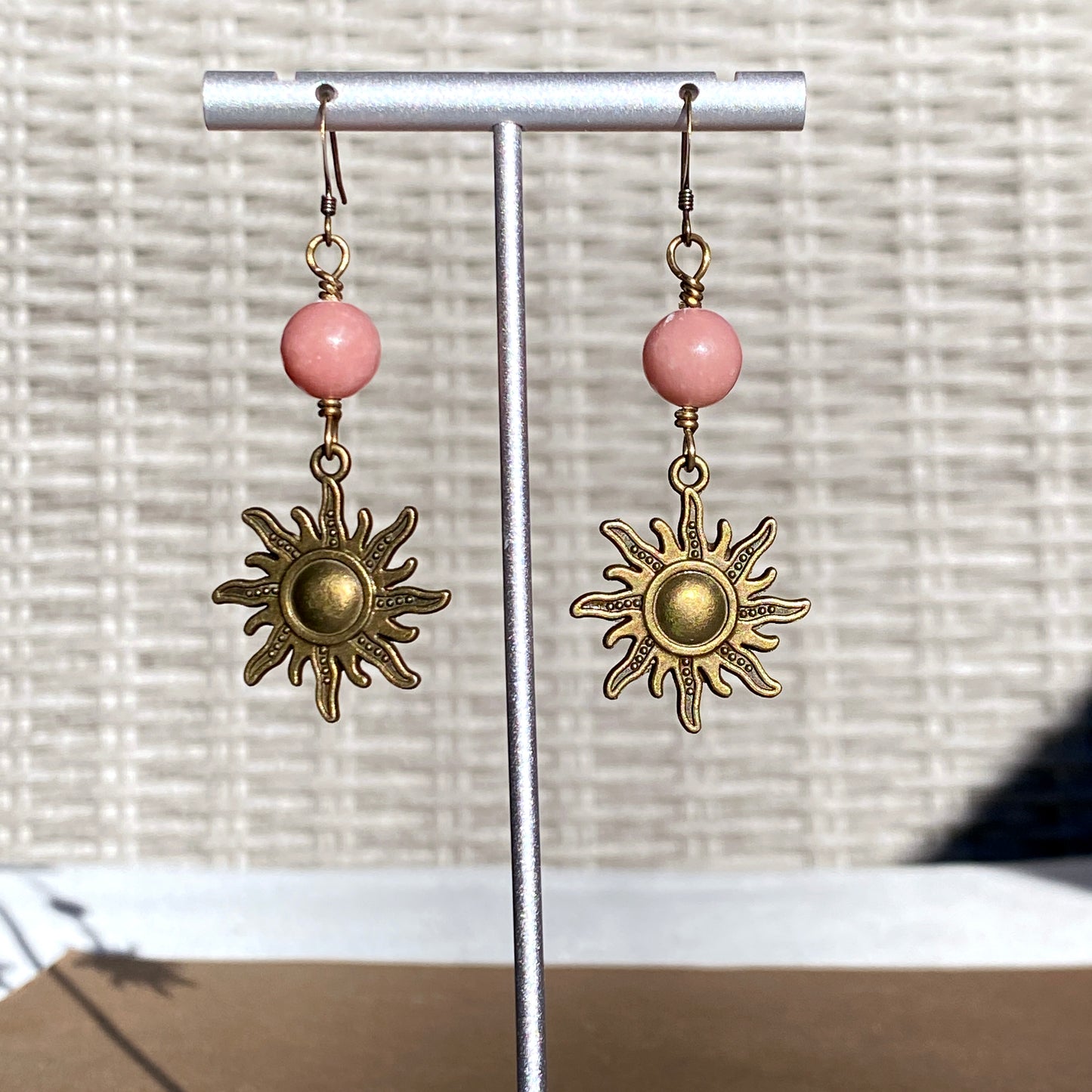 Brass Sun and Rhodonite gemstone Dangle Earrings