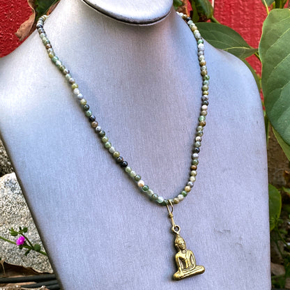 Moss agate gemstones and brass Buddha pendant necklace