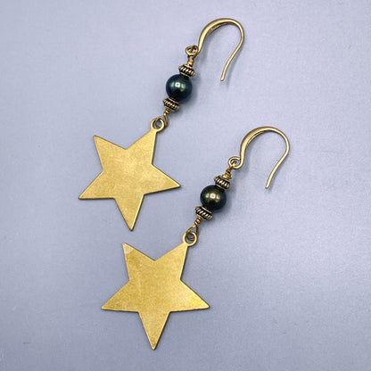 Pearl and Raw Brass Star Earrings