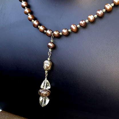 Freshwater pearl necklace with Peridot, Hematite Buddha, Amethyst & Tibetan Agate,