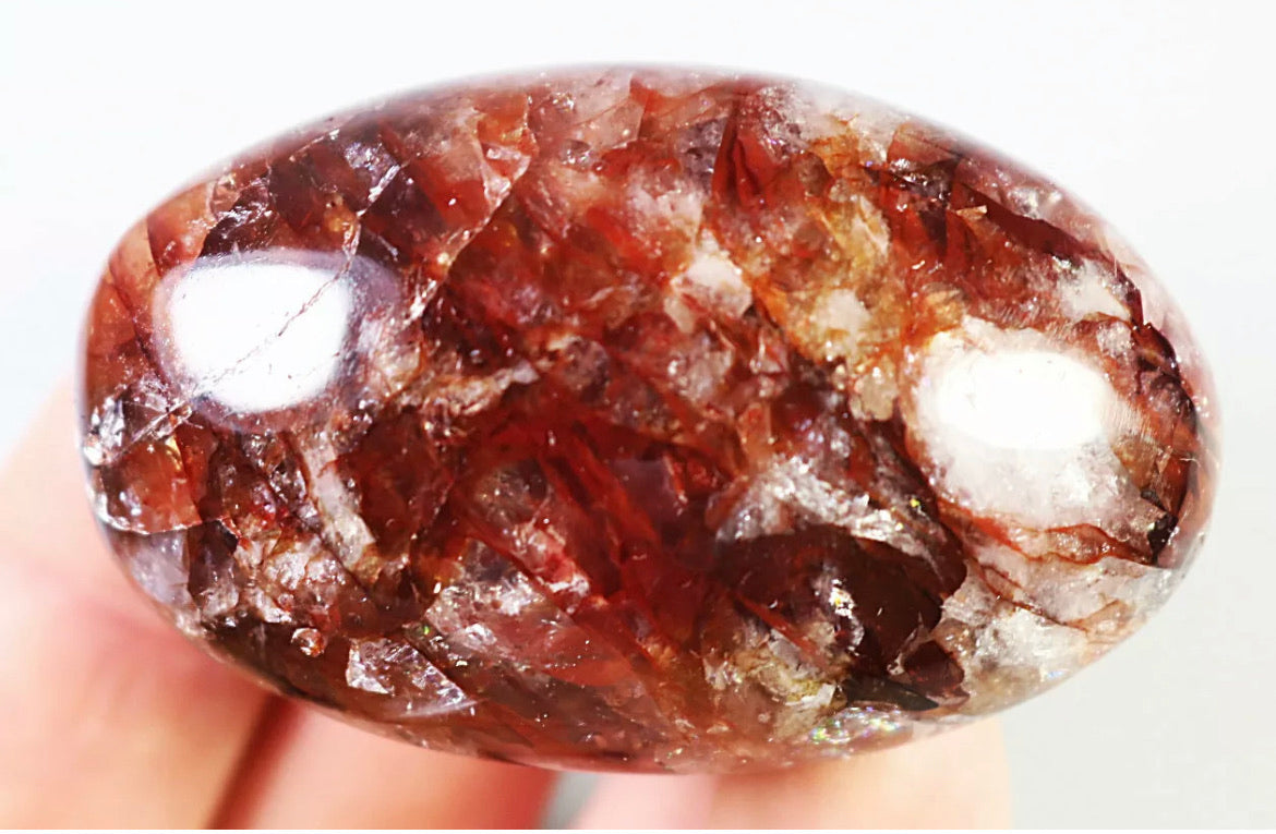 Natural Red Fire Hematoid  Quartz  Rainbow Crystal Palm Stone