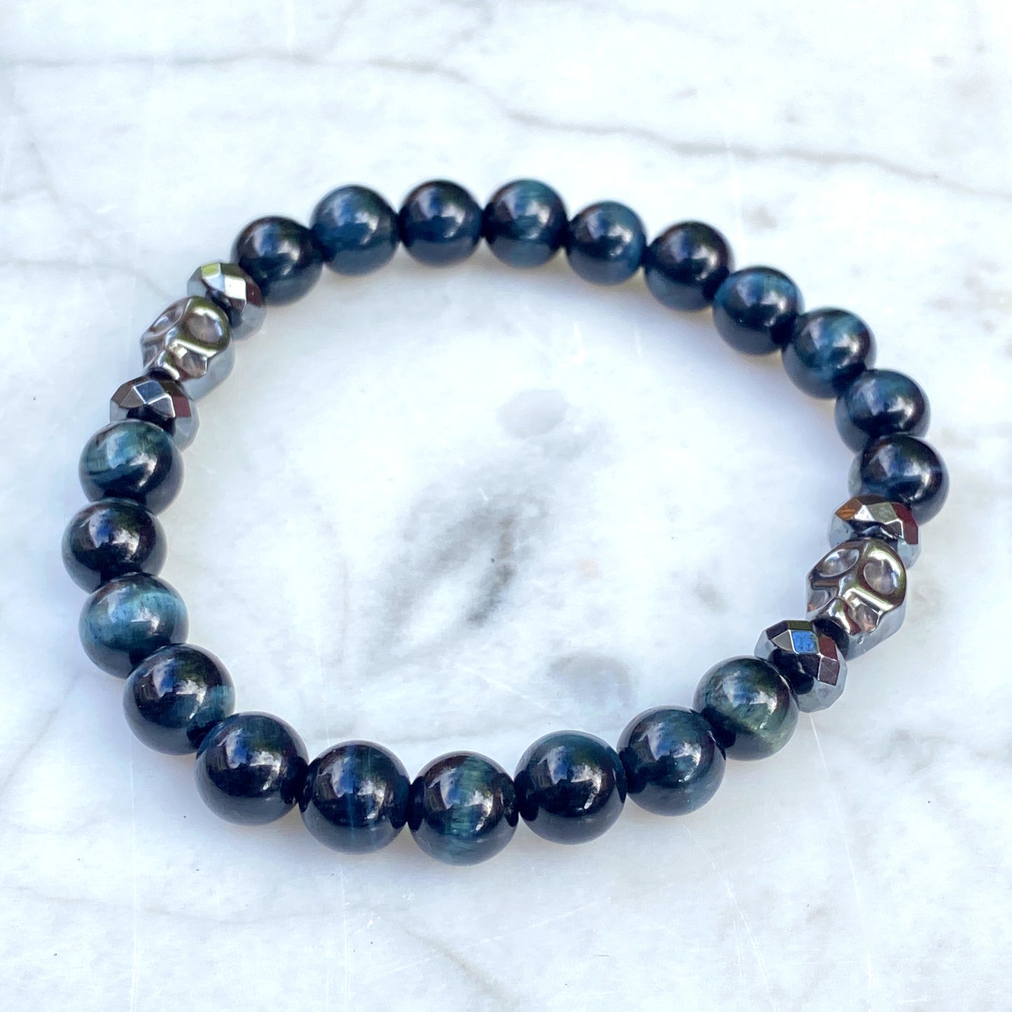 Blue Tiger Eye and Hematite Skull Stretch Bracelet