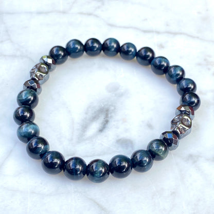 Blue Tiger Eye and Hematite Skull Stretch Bracelet