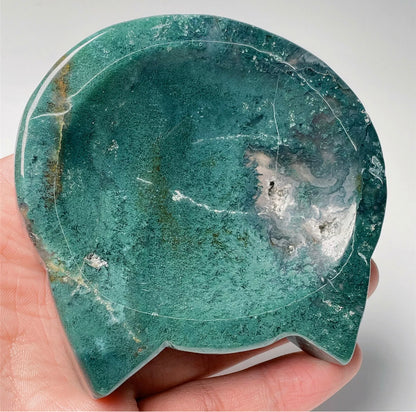 Natural Green Moss Agate Kitty Cat Jewelry Dish