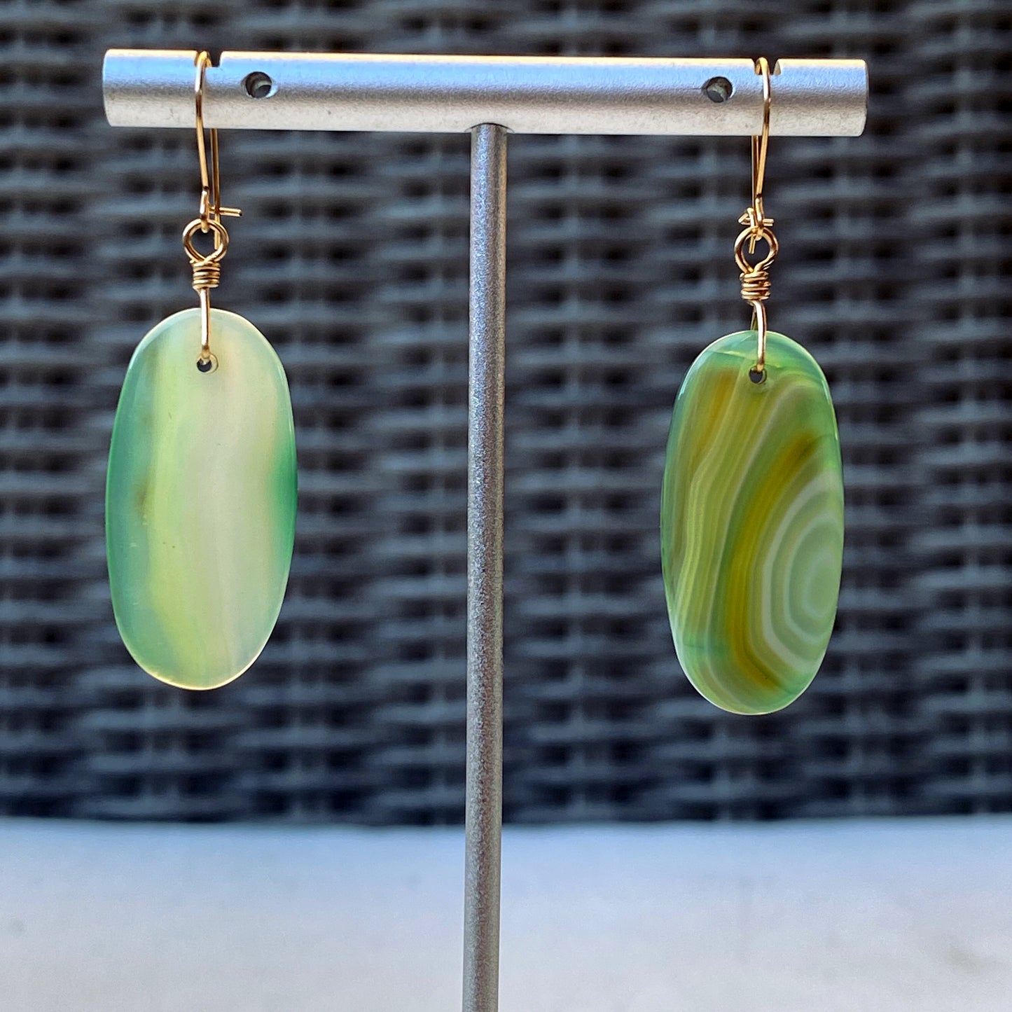 Green Banded Agate gemstone hand wrapped with 14 kt Gold filled Drop Earrings