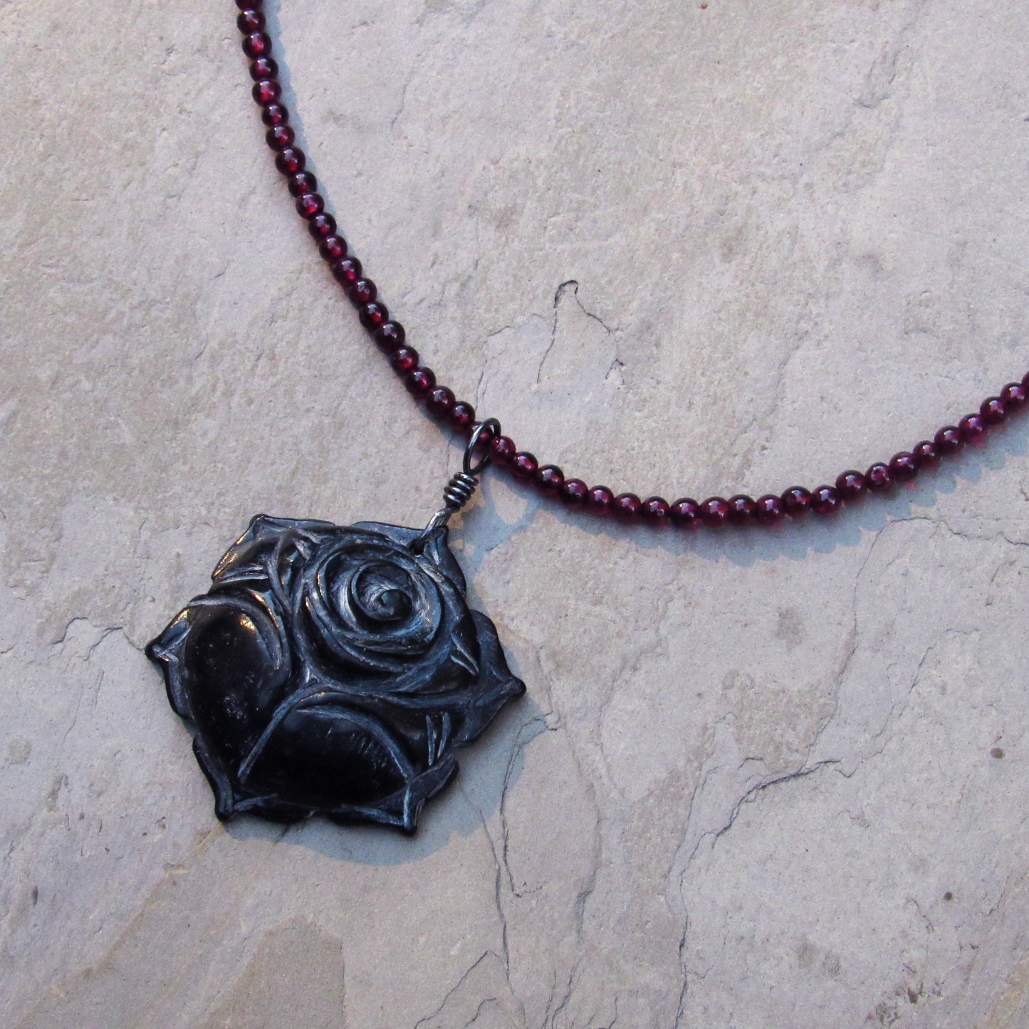 Carved Black Jade Rose Pendant hand wrapped beaded Garnet Gemstone Necklace