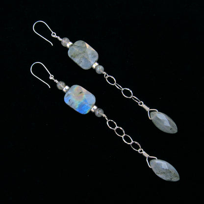 Labradorite Gemstone and Sterling Silver Long Drop earrings