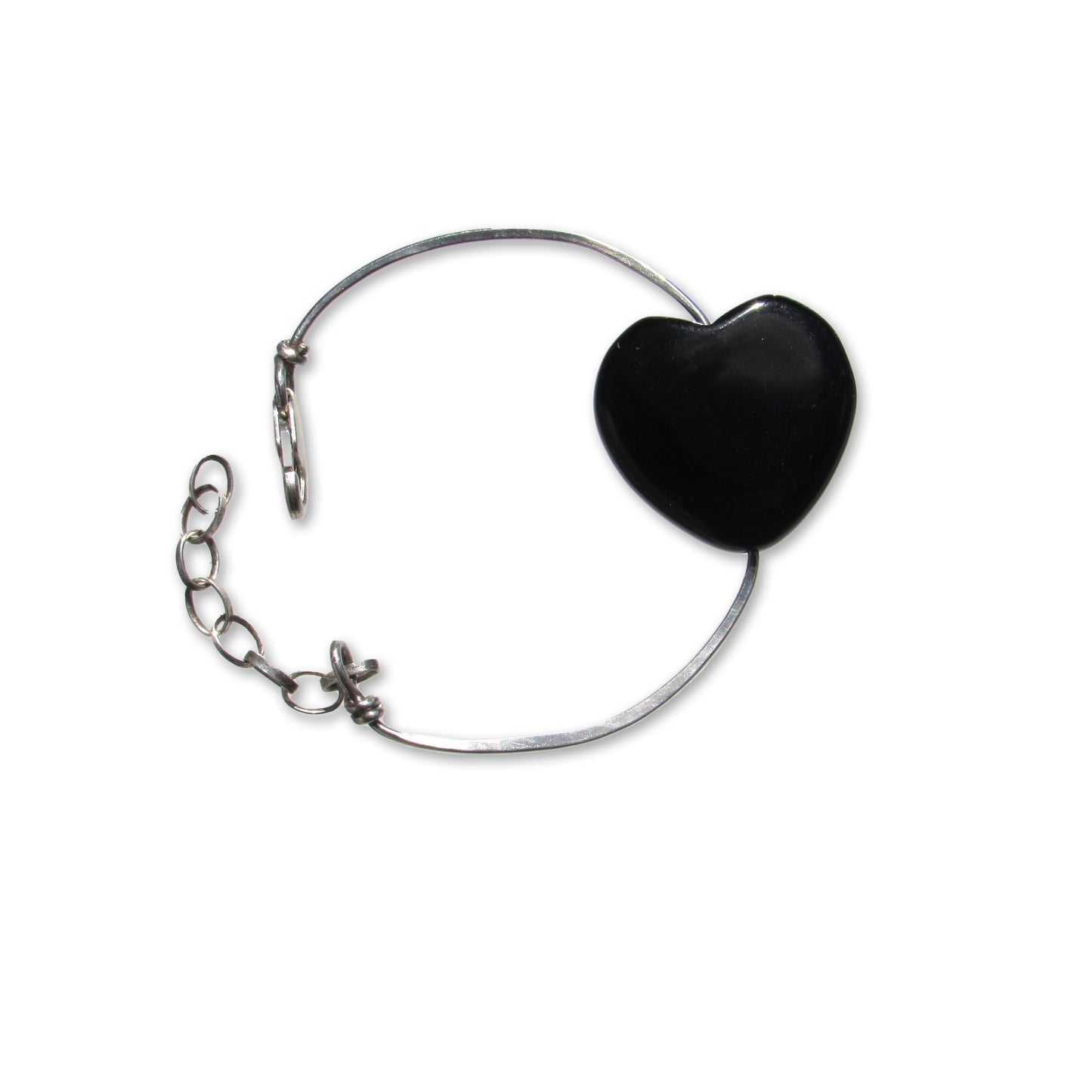 Large Onyx gemstone Heart on Sterling Silver Bangle Bracelet