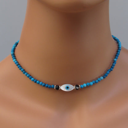 Mother of Pearl Eye of Protection and Blue Agate gemstone Necklace
