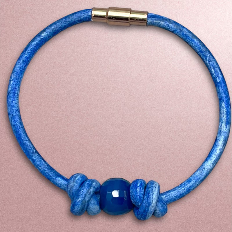 Blue Agate gemstone Leather Bracelet