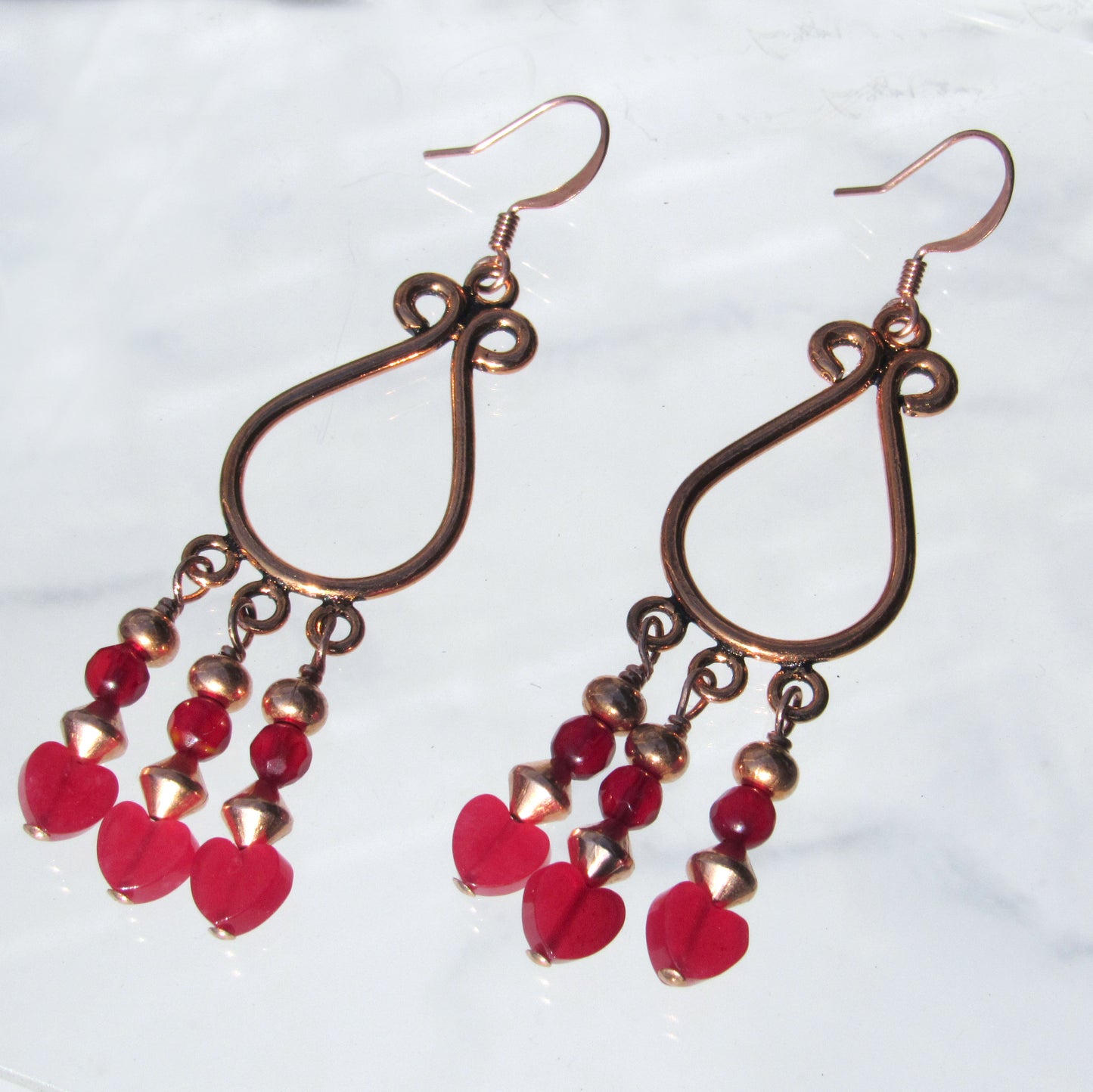 Jade gemstone hearts, Red agates, and copper chandelier earrings