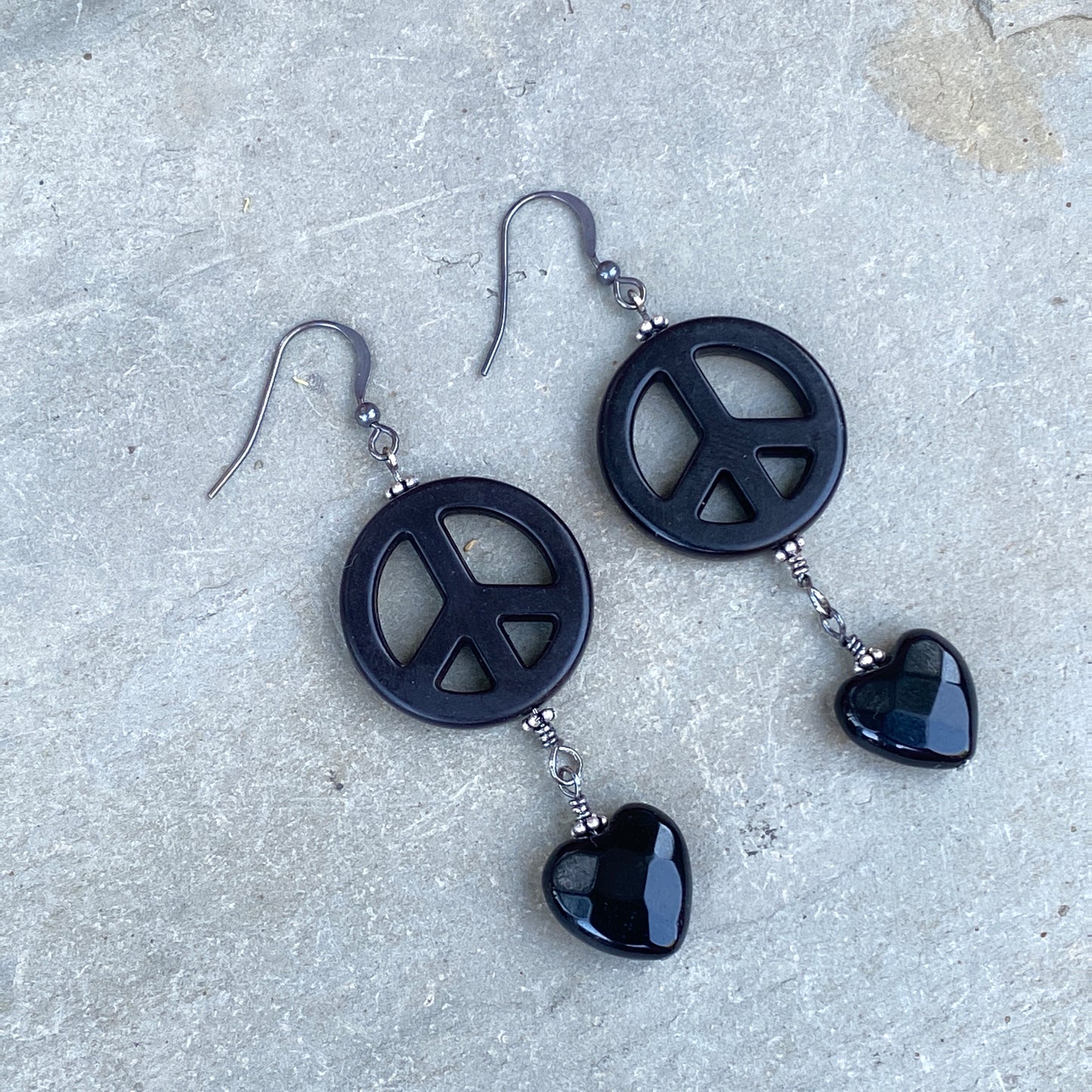 Black Onyx Faceted Hearts w/ Howlite Peace Signs and Sterling Silver Drop Earrings