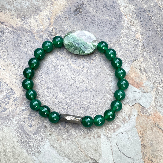 Green Onyx Gemstone, Green Moss Agate, and Pyrite Men’s Stretch Bracelet