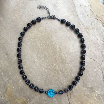 Women's genuine Black Diamond, Howlite, apatite and Howlite Skull necklace