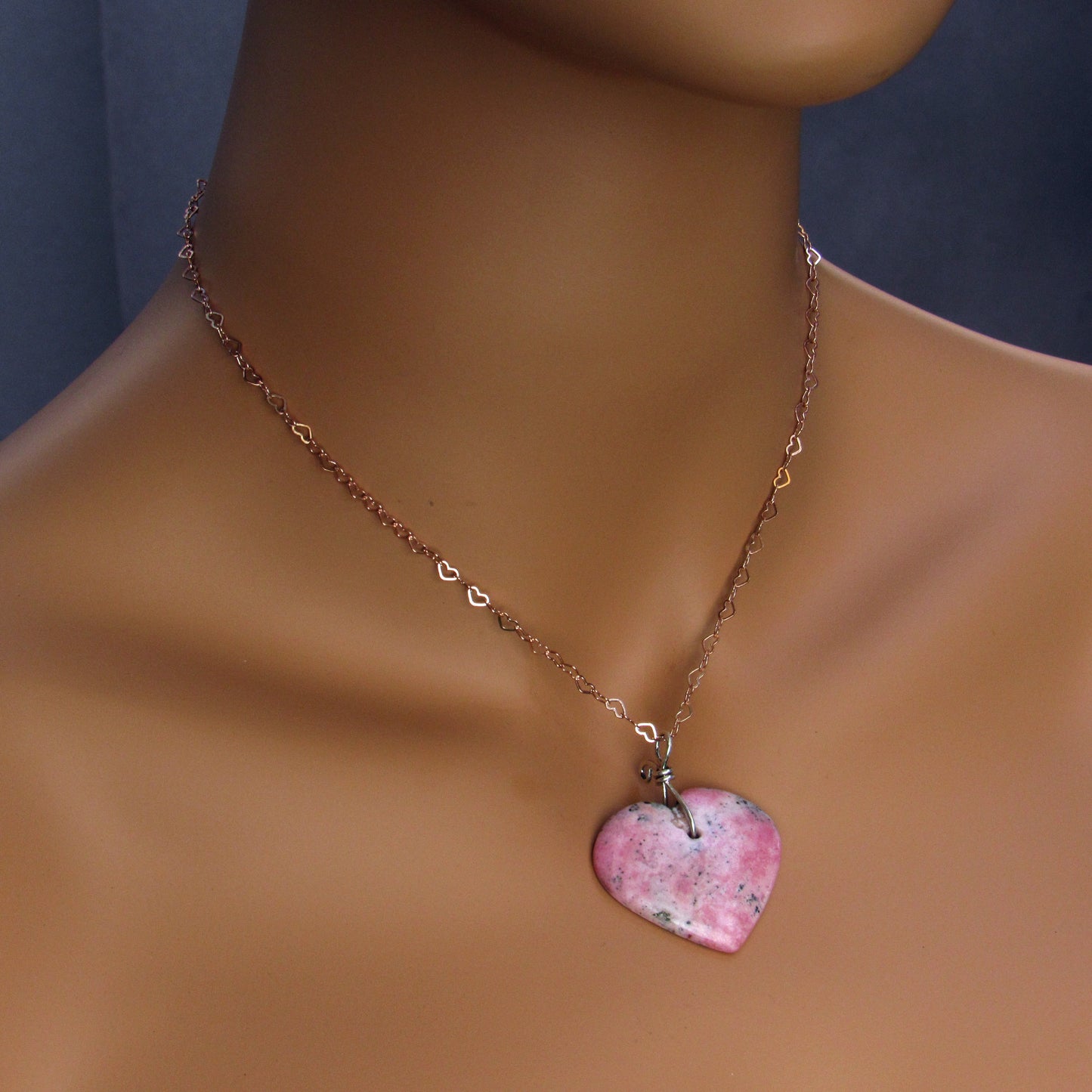 Rhodonite Heart w/ Hand Wrapped Sterling Silver, Rose Gold Fill over Sterling Silver Heart Chain