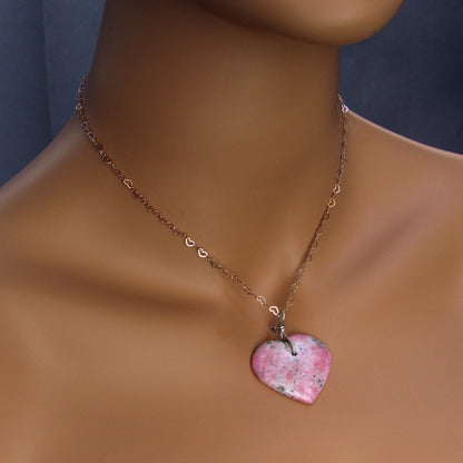 Rhodonite Heart w/ Hand Wrapped Sterling Silver, Rose Gold Fill over Sterling Silver Heart Chain