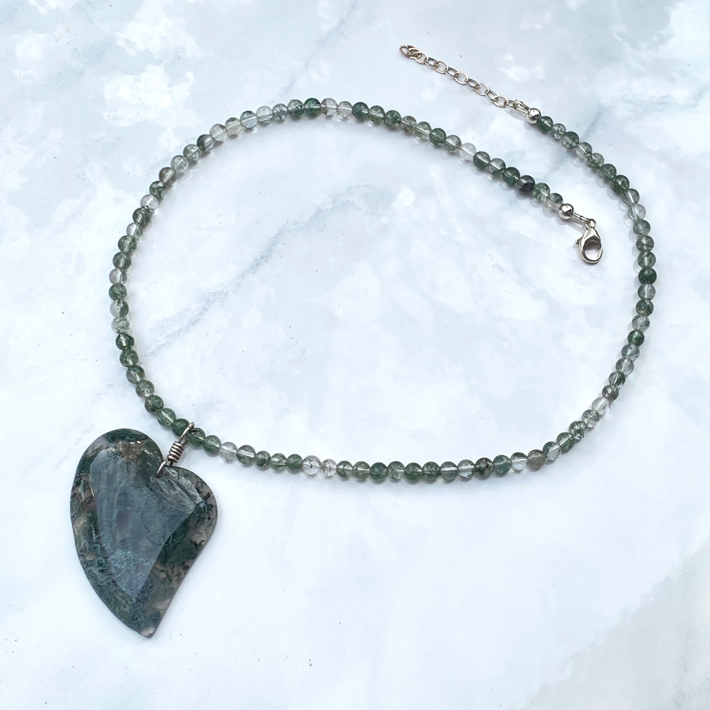 Green Moss Agate Gemstone Heart on Beaded 4mm Green Moss Agate Necklace w/ Sterling Silver Clasp