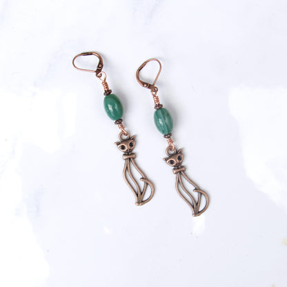 Green Agate gemstone and Copper Kitty Cat Drop Earrings