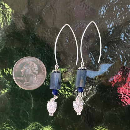 Sterling silver owl and kyanite and sapphire jade earrings