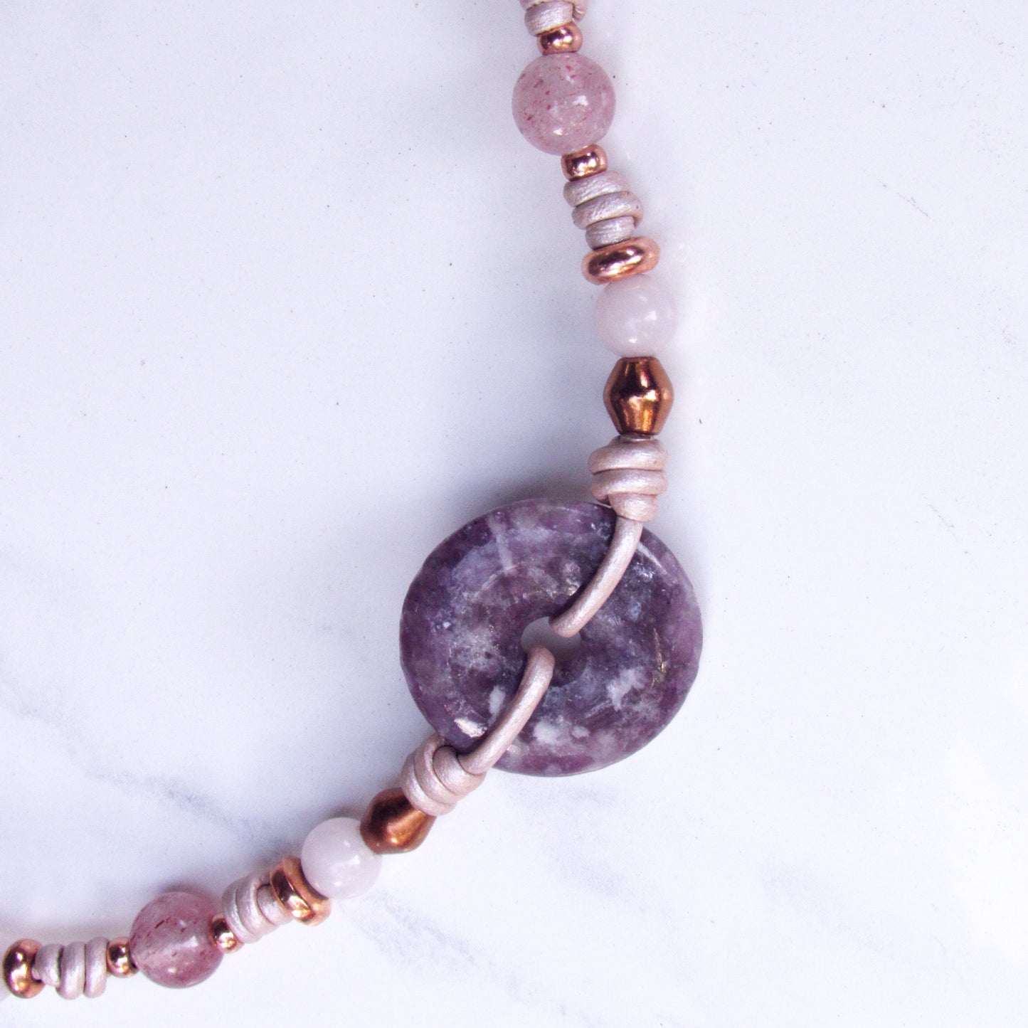 Lepidolite, Strawberry Quartz, Clear Quartz, White Agates with Copper Lotus Button